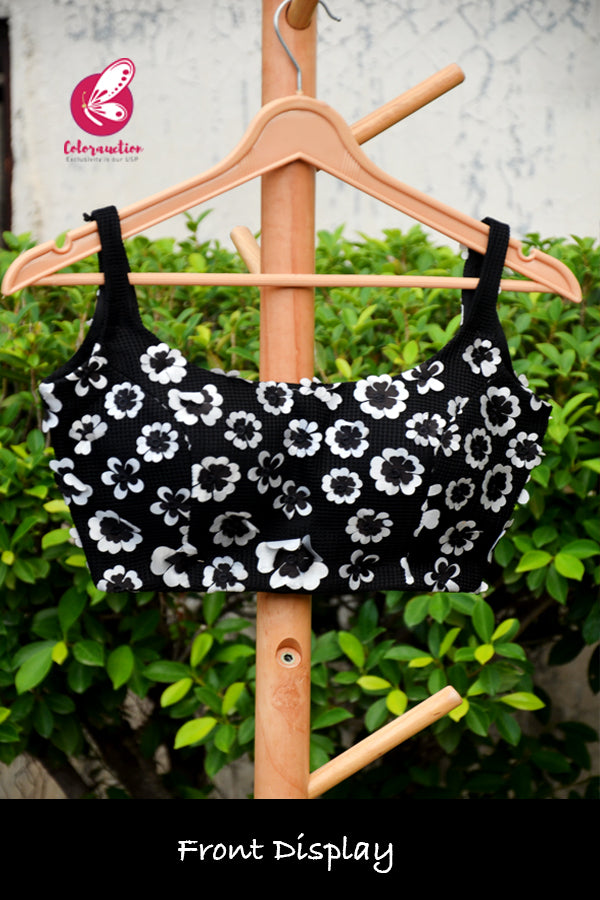 Black &amp; White Mesh Padded Flower Design Backless Design