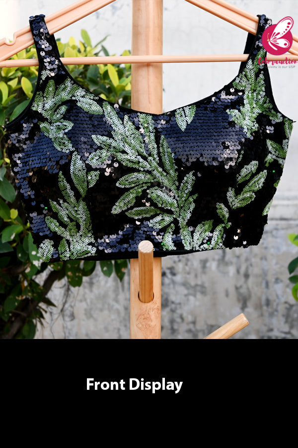 Black &amp; Green Sequins Padded Backless Blouse