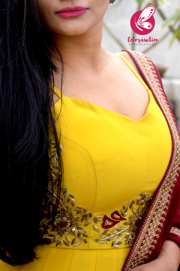 Mustard Yellow Padded Spaghetti Strap Dabka Zardozi Hand Embroidered Anarkali Dress with Maroon Georgette Border Dupatta
