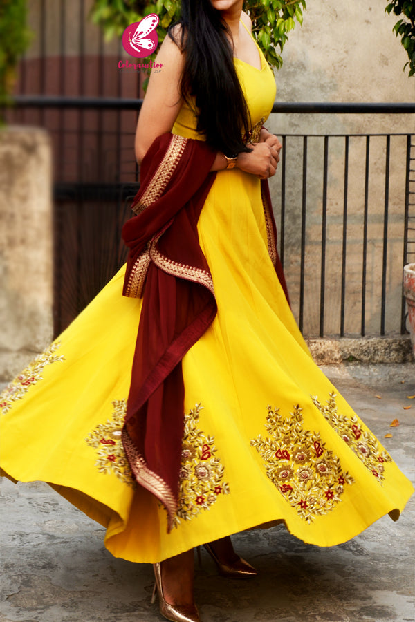 Mustard Yellow Padded Spaghetti Strap Dabka Zardozi Hand Embroidered Anarkali Dress with Maroon Georgette Border Dupatta