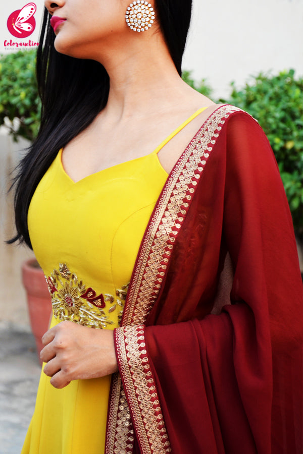 Mustard Yellow Padded Spaghetti Strap Dabka Zardozi Hand Embroidered Anarkali Dress with Maroon Georgette Border Dupatta