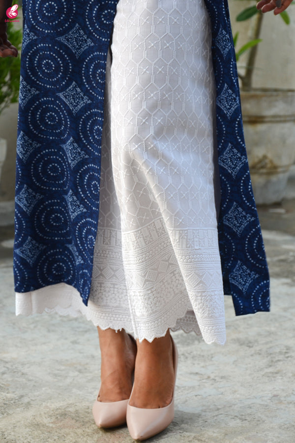 Dark Blue Printed Modal Kurti with White Lakhnawi Full Lining Cotton Palazzo