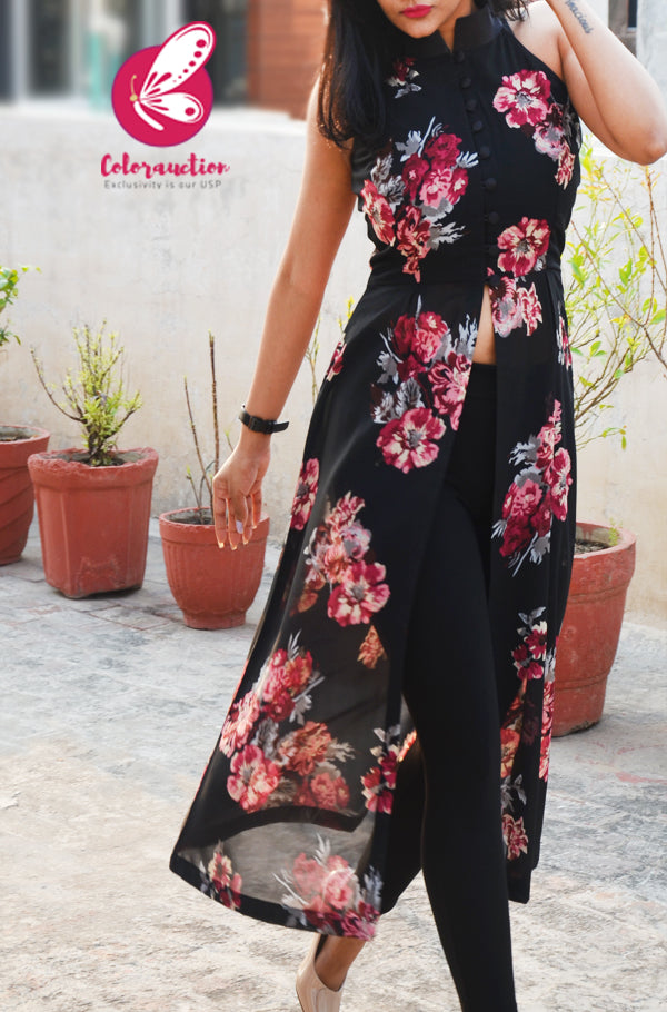 Black Printed Georgette Floral Sleeveless Long Kurti