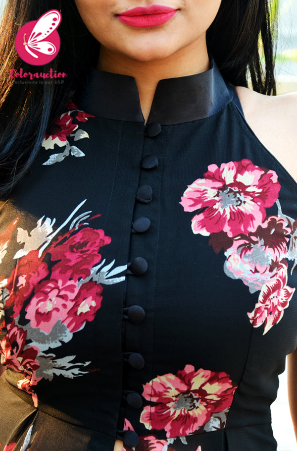 Black Printed Georgette Floral Sleeveless Long Kurti