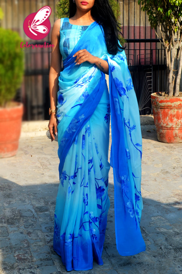 Sky Blue &amp; Blue Double Shaded Chinon Handpainted Saree