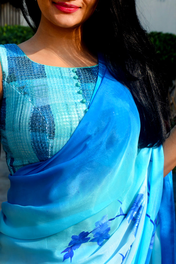 Sky Blue &amp; Blue Double Shaded Chinon Handpainted Saree