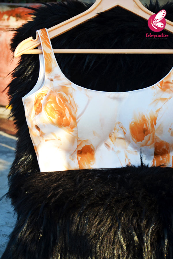 Cream_Orange Printed Floral Satin Geogette Padded Backless Blouse