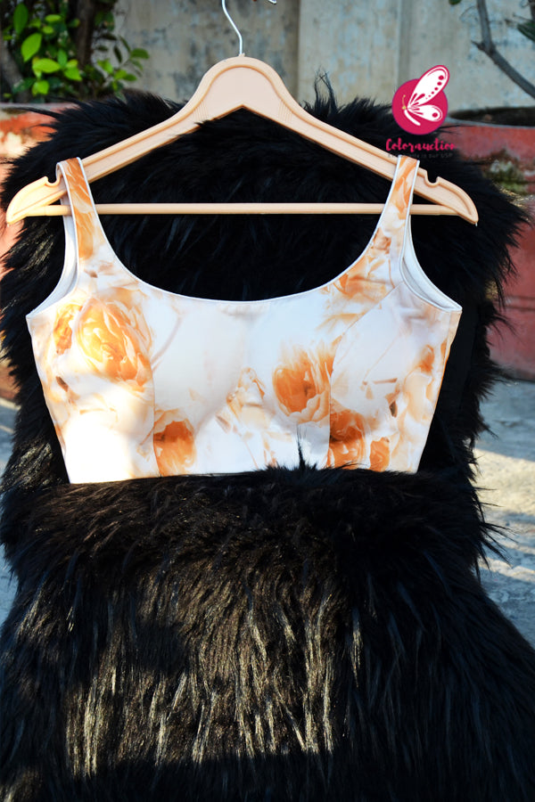 Cream_Orange Printed Floral Satin Geogette Padded Backless Blouse