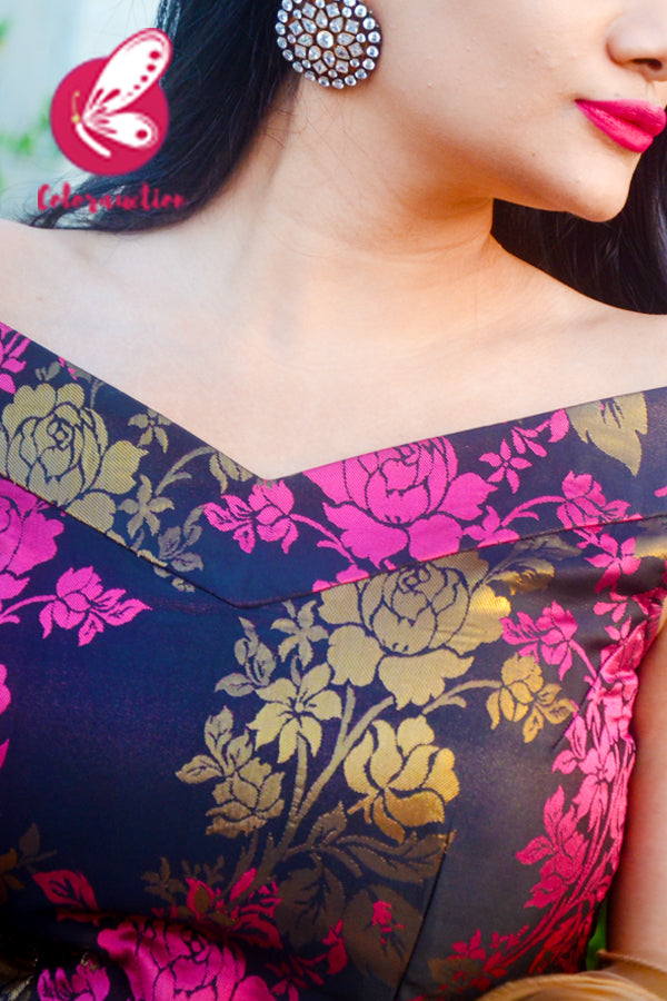 Pink &amp; Golden Brocade Silk Padded Off Shoulder Kurti with Pink Cotton Silk Pants and Golden Triple Layer Ruffle Stole