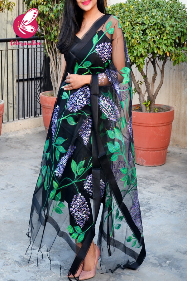 Black Organza Hand-painted Floral Stole