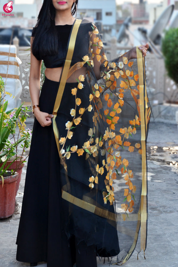 Black Organza Hand painted Multi color Floral Stole