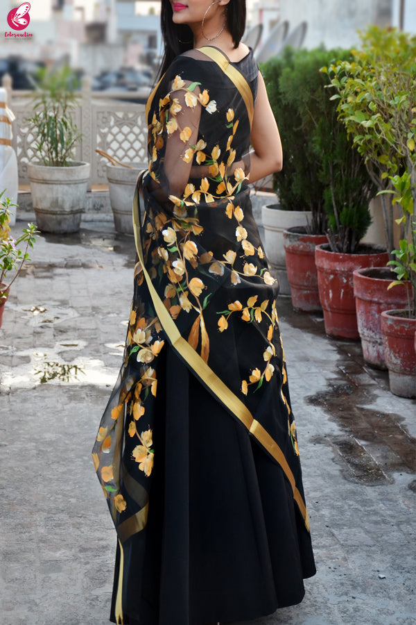 Black Organza Hand painted Multi color Floral Stole
