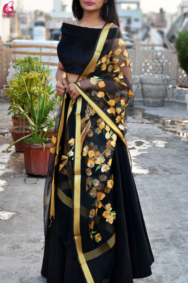 Black Organza Hand painted Multi color Floral Stole