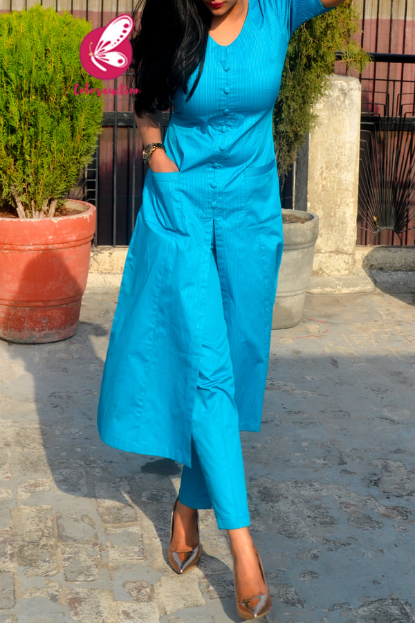 Blue Stripes Cotton Silk Kurti Set