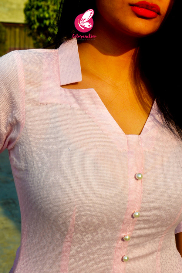 Baby Pink Dobby Kurti with Baby Pink Cotton Silk Pants Kurti Set