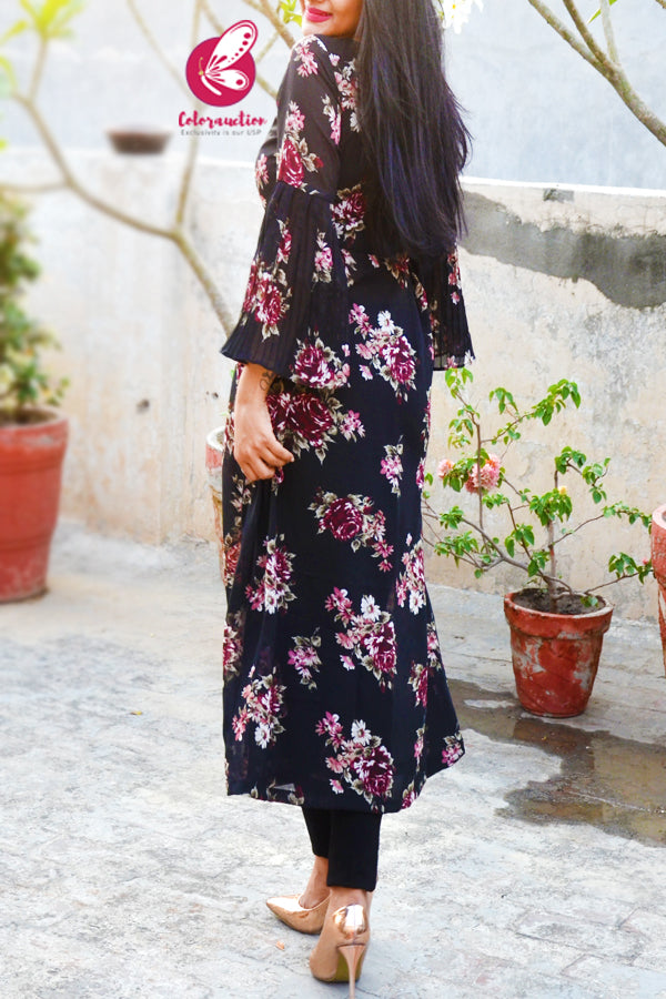 Black Printed Georgette Floral Long Kurti