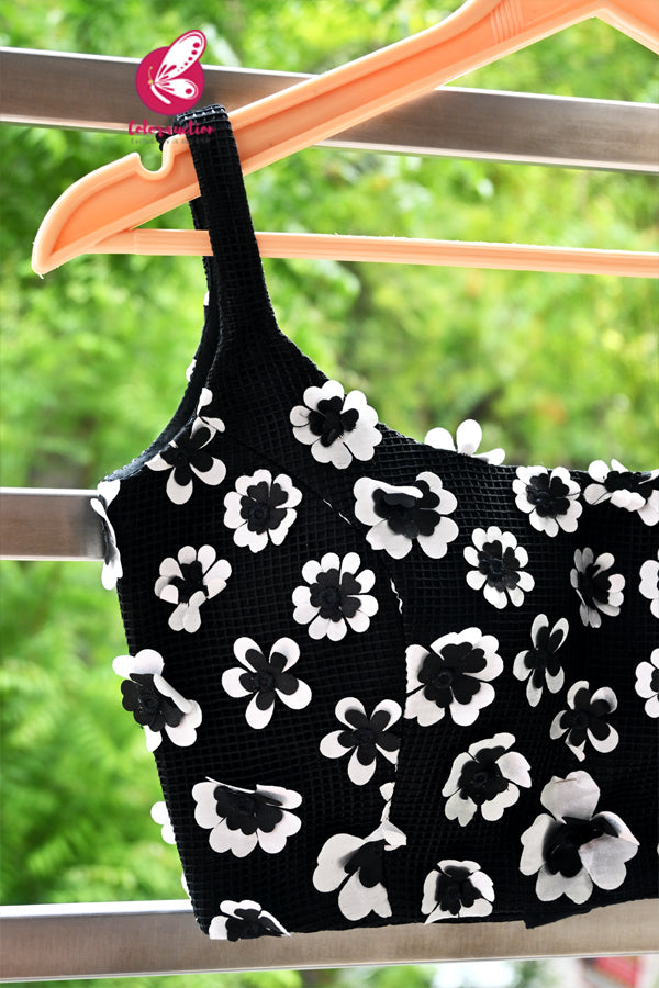 Black Mesh Floral Padded Strappy Blouse