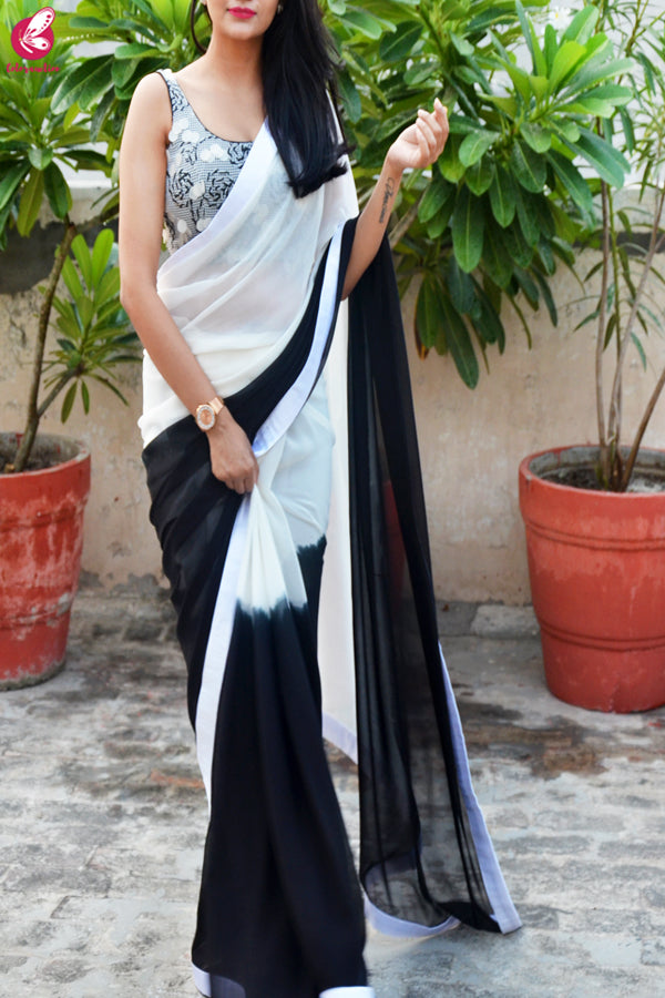Black &amp; White Double Shaded Georgette Saree