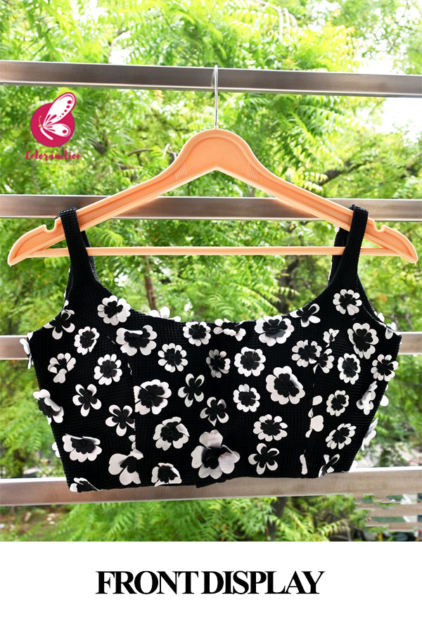 Black Mesh Floral Padded Strappy Blouse