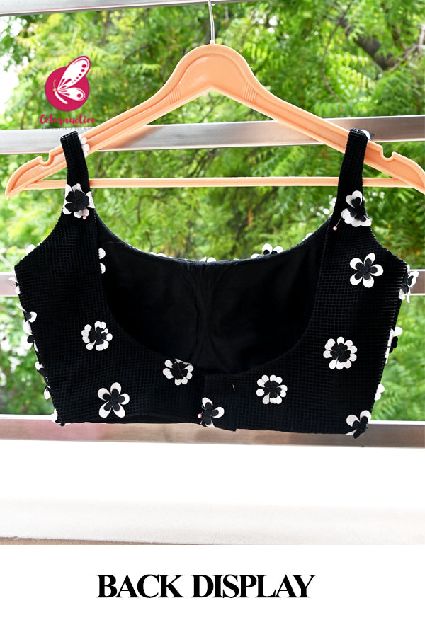 Black Mesh Floral Padded Strappy Blouse