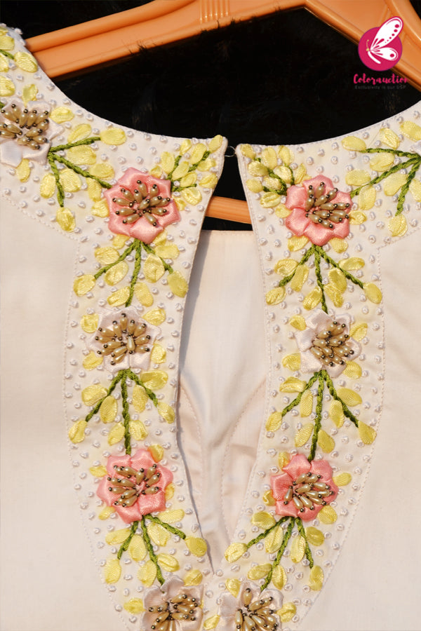 White Crepe Keyhole Back Ribbon Handwork Padded Blouse