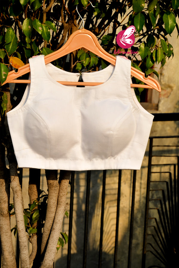 White Crepe Keyhole Back Ribbon Handwork Padded Blouse