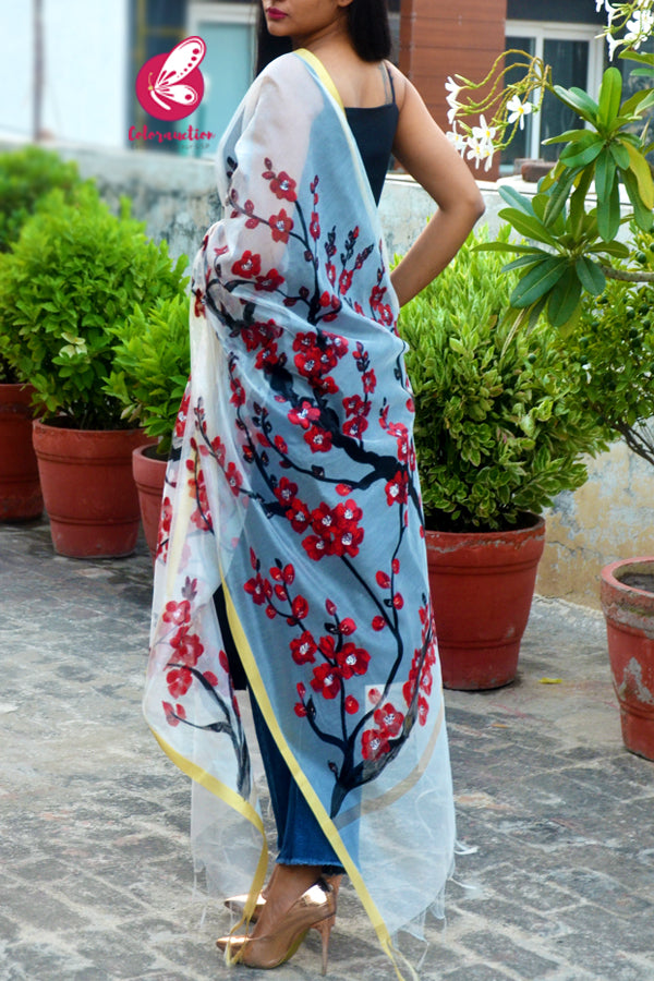 Off White Handpainted Colourful Red Maroon Floral Golden Zari Pure Organza Stole