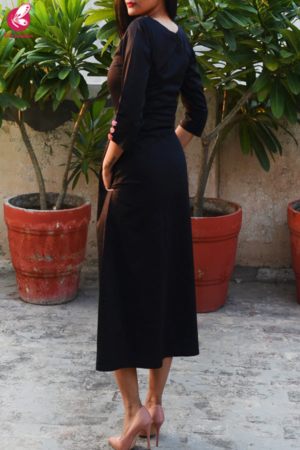 Black A-Line Embroidered Midi Dress
