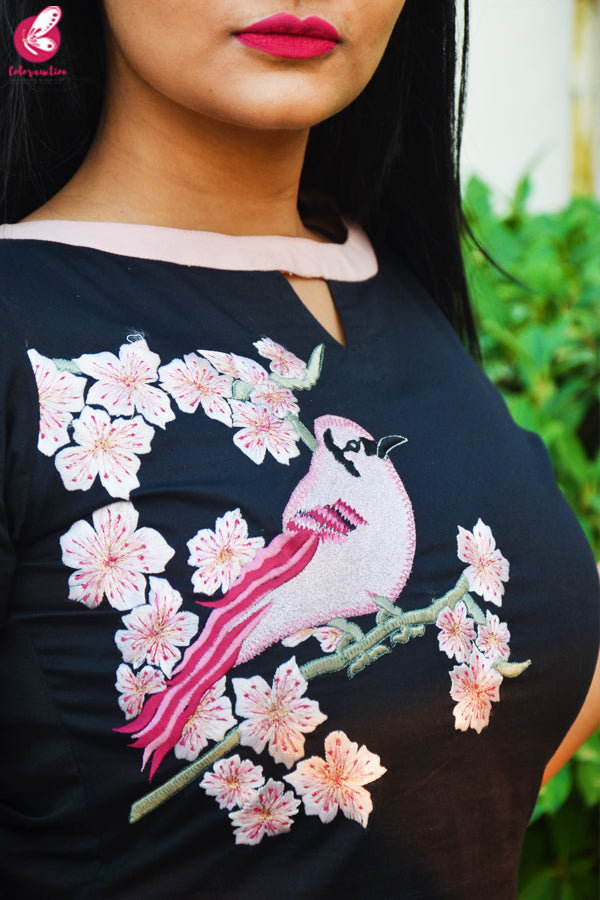 Black A-Line Embroidered Midi Dress