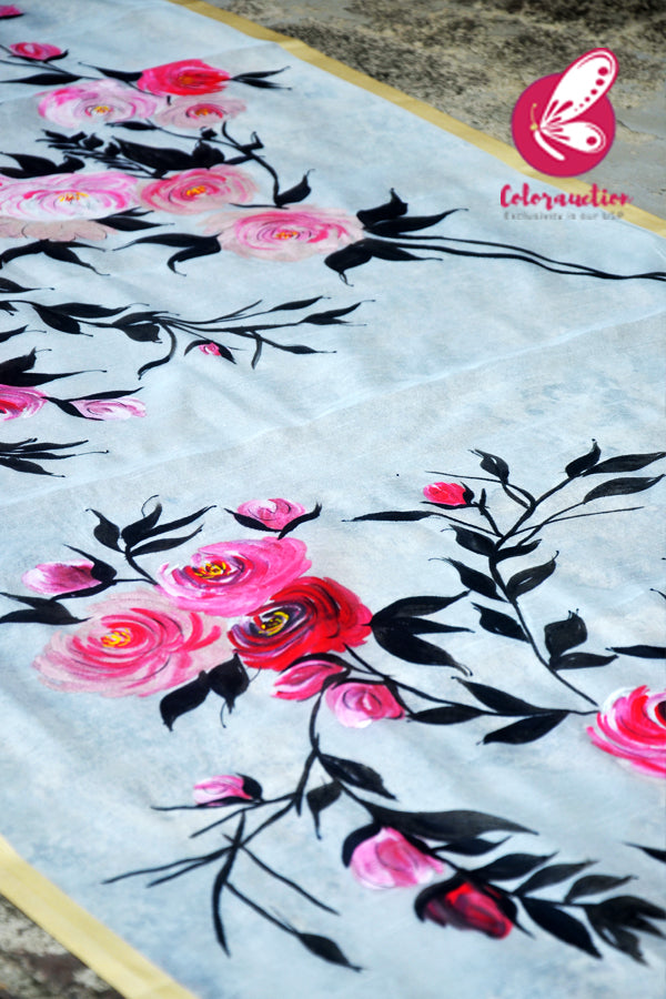Off White Pure Organza Pink Roses Handpainted Floral Stole