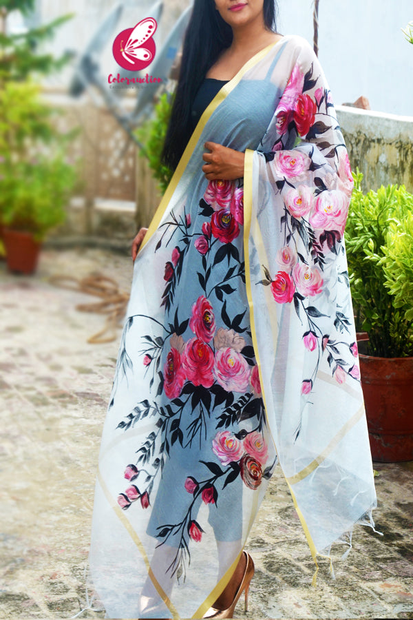 Off White Pure Organza Pink Roses Handpainted Floral Stole
