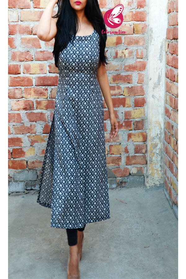 Black &amp; White Printed Rayon Strappy Straight Fit Kurti
