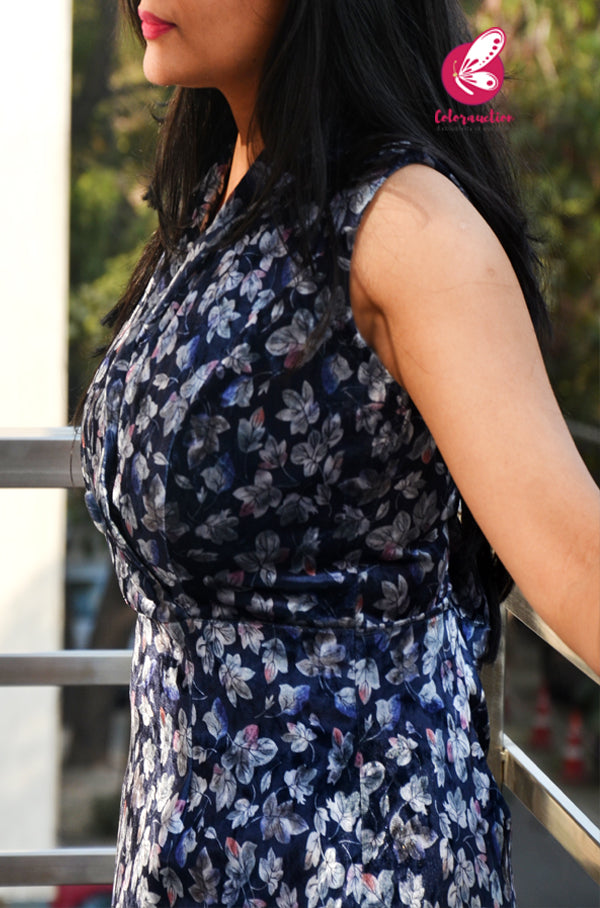 Blue Printed Velvet Princess Cut Yoke Collar Neck Straight Fit Kurti