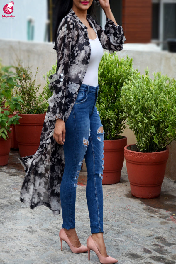 Black &amp; White Printed Floral Georgette Quarter Sleeves Long Shrug