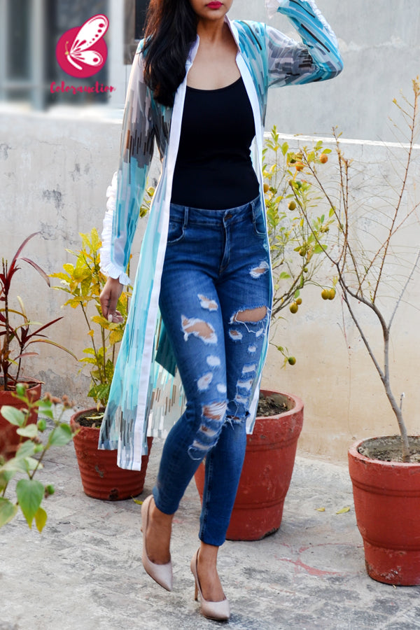 Multicolored Geometric Print Open Front Shrug