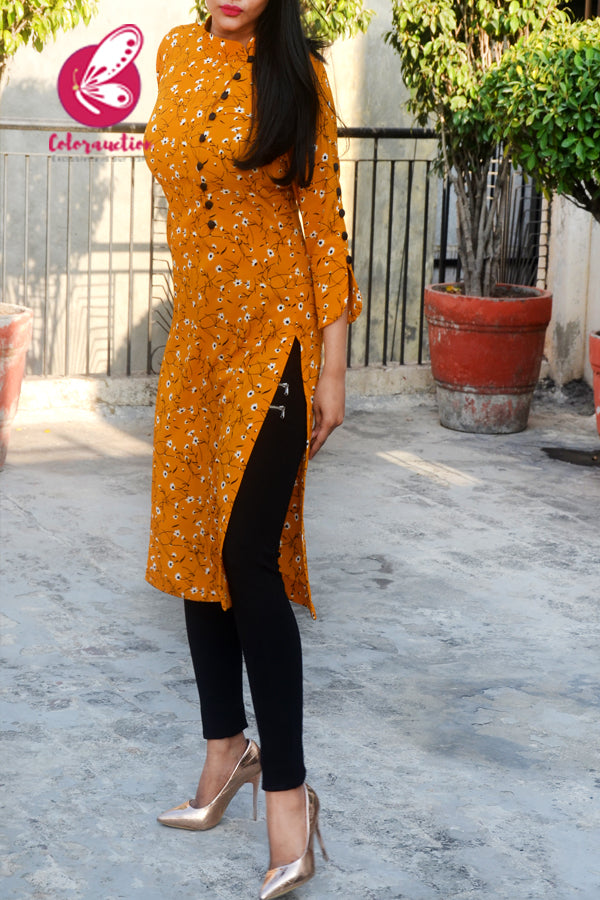 Mustard Bubble Crepe Floral Printed Quarter Sleeves Kurti