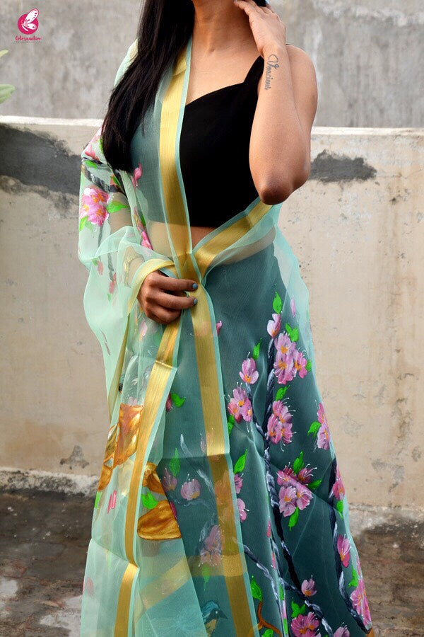 Pista Green Floral Handpainted Stole