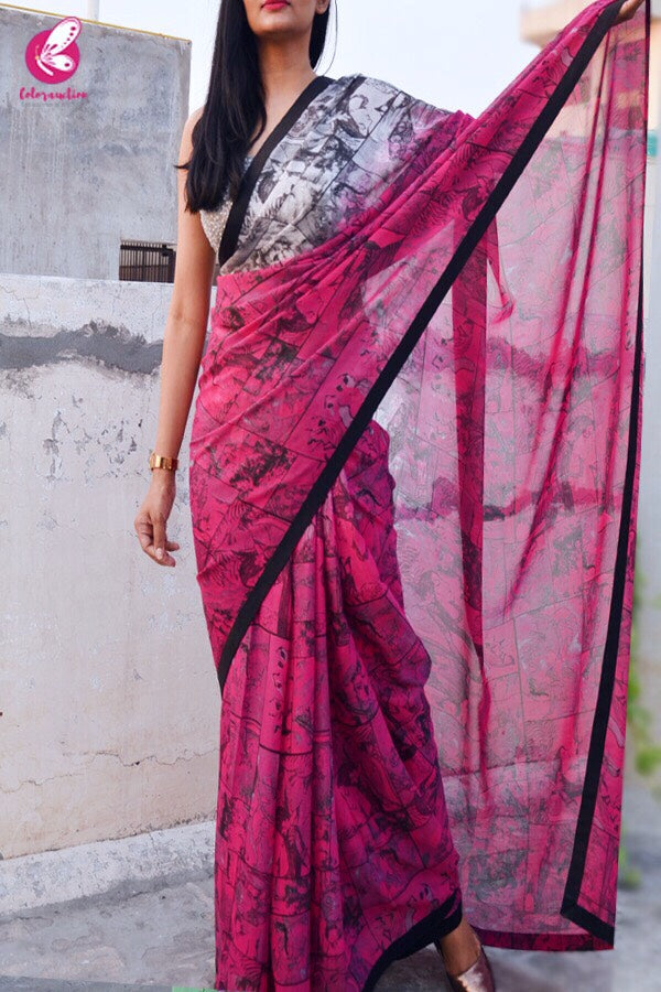 Grey and Pink Printed Georgette Saree