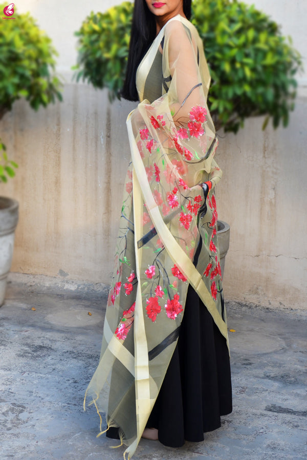 Cream Organza Hand painted Floral Birds Stole