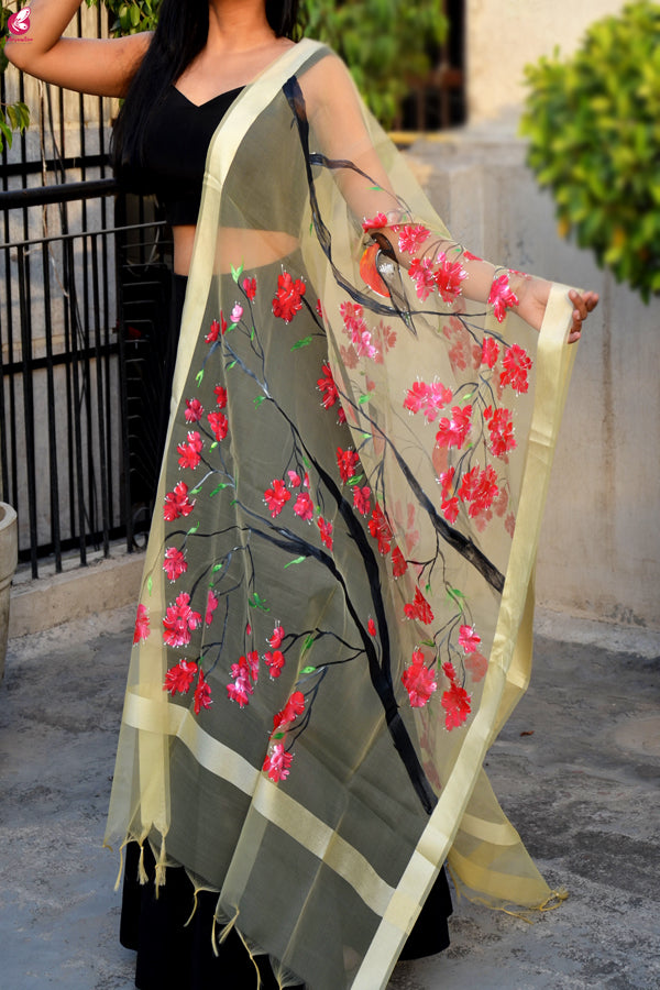 Cream Organza Hand painted Floral Birds Stole