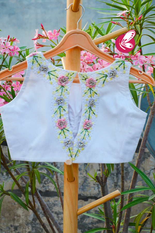 White Crepe Keyhole Back Ribbon Handwork Padded Blouse