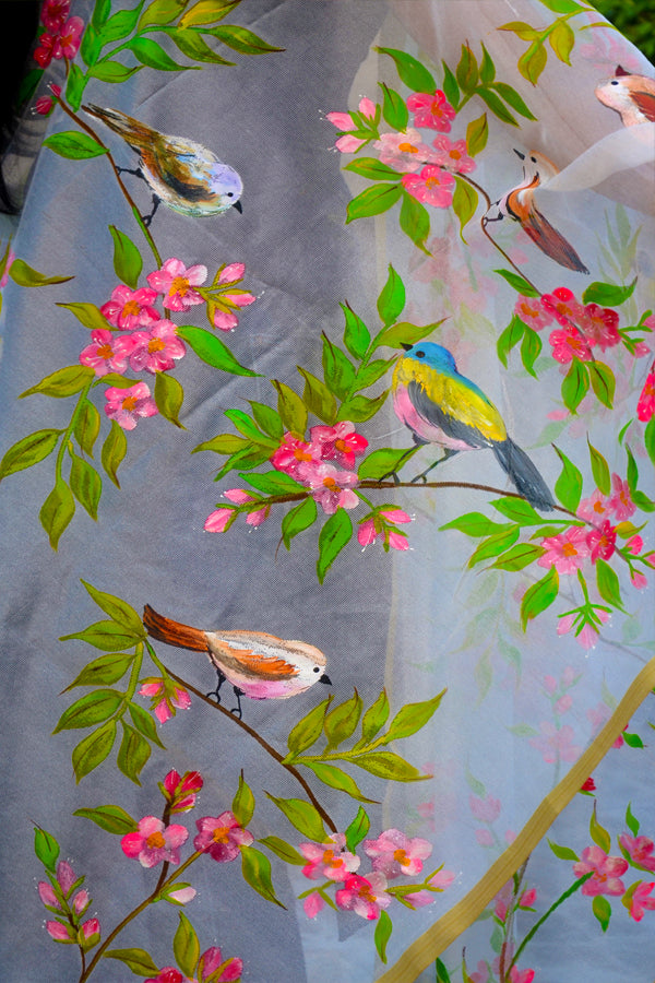 Off White Handpainted Colourful Floral Golden Zari Pure Organza Stole