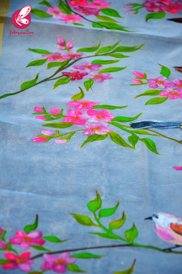 Off White Handpainted Colourful Floral Golden Zari Pure Organza Stole
