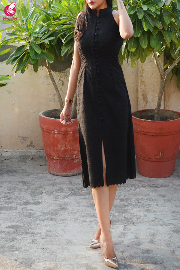 Black Cotton Chikankari Sleeveless Dress