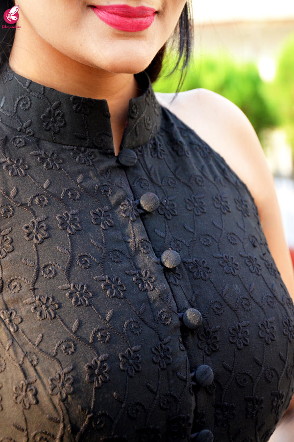 Black Cotton Chikankari Sleeveless Dress