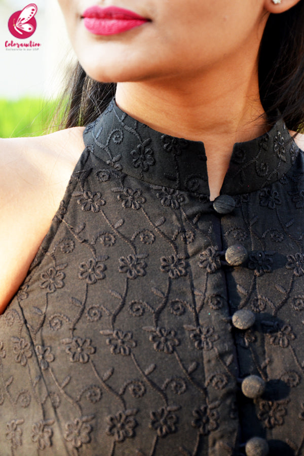 Black Cotton Chikankari Sleeveless Dress