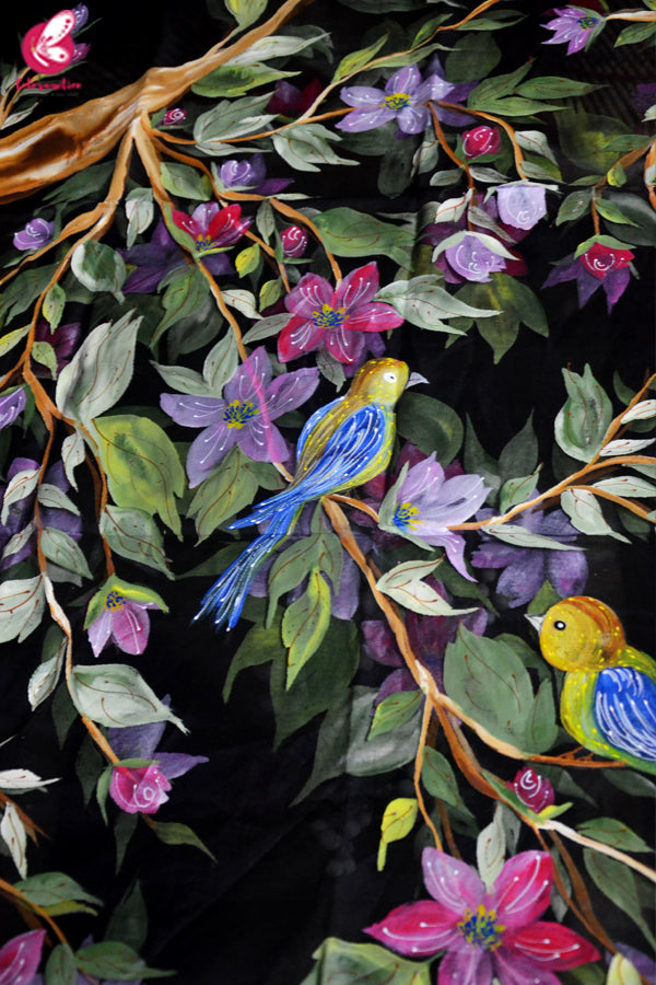Black Organza Handpainted Colorful Floral Stole