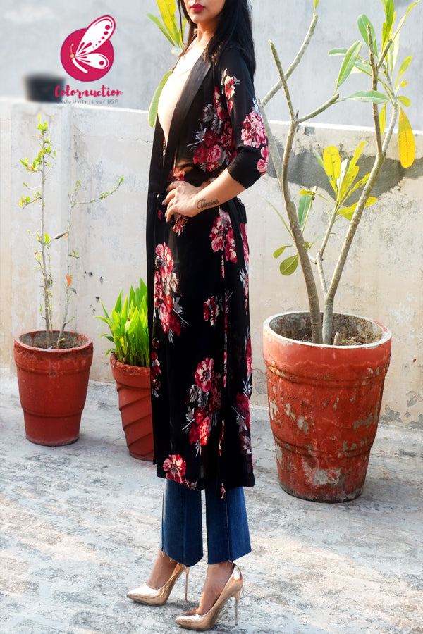 Black Printed Georgette Floral Long Shrug