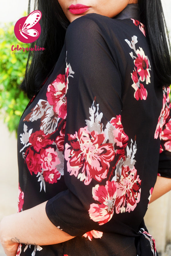 Black Printed Georgette Floral Long Shrug