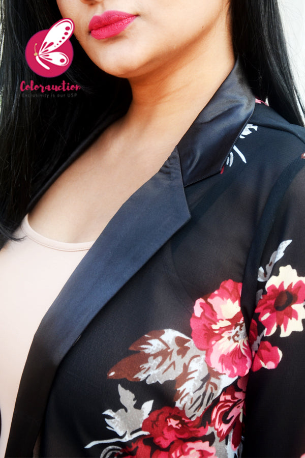 Black Printed Georgette Floral Long Shrug